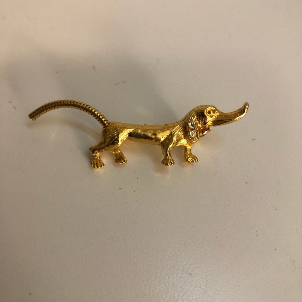 Vintage Gold Hound Brooch with Rhinestone Detail